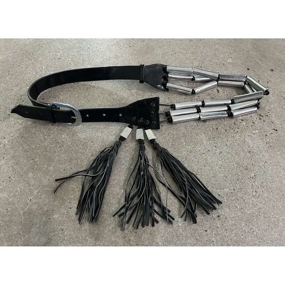 Barrel Bead & Tassel Black Leather Belt Boho Festival Biker Punk‎ 34-40